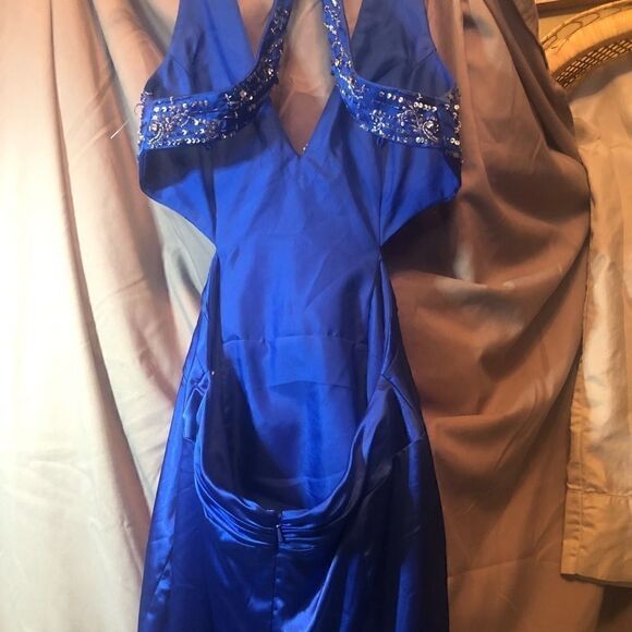 Precious formals blue halter side cut out backless dress w embellished beading. - Picture 4 of 12
